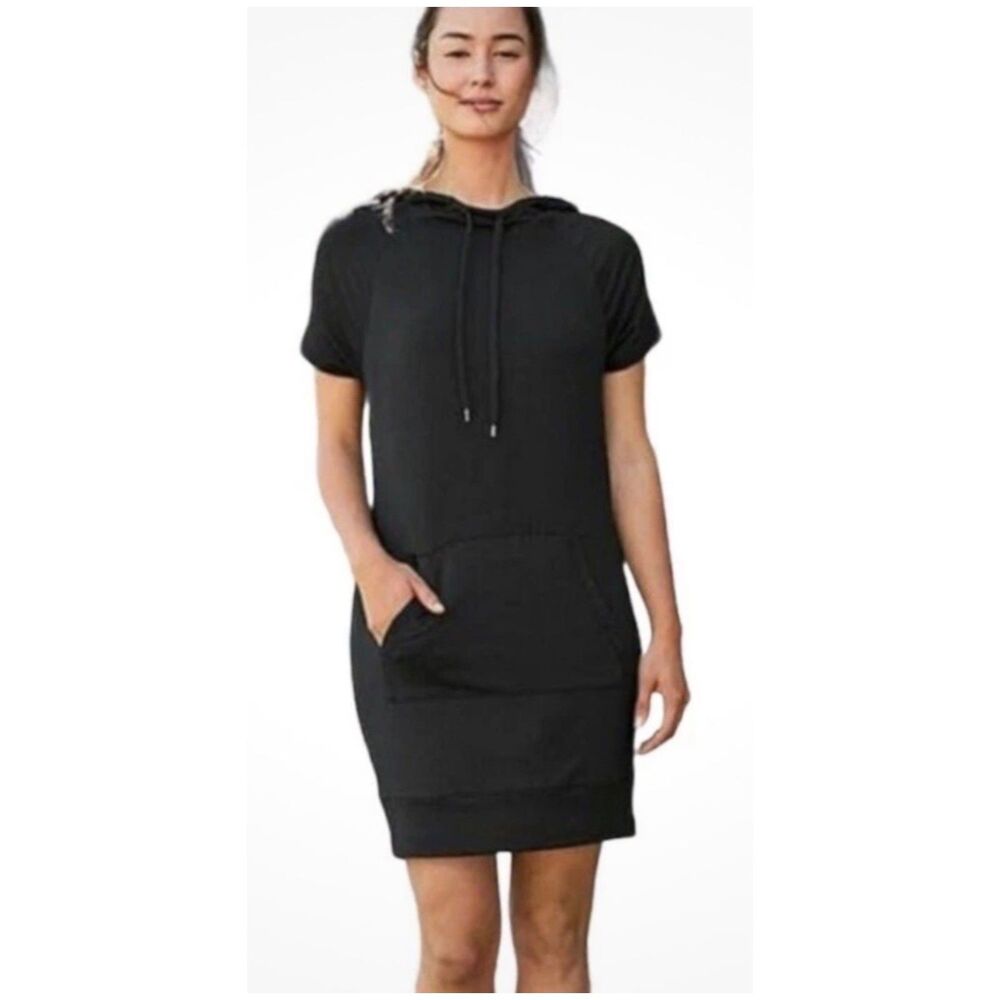 ATHLETA Coaster Black Short Sleeve Hooded Sweatshirt Dress